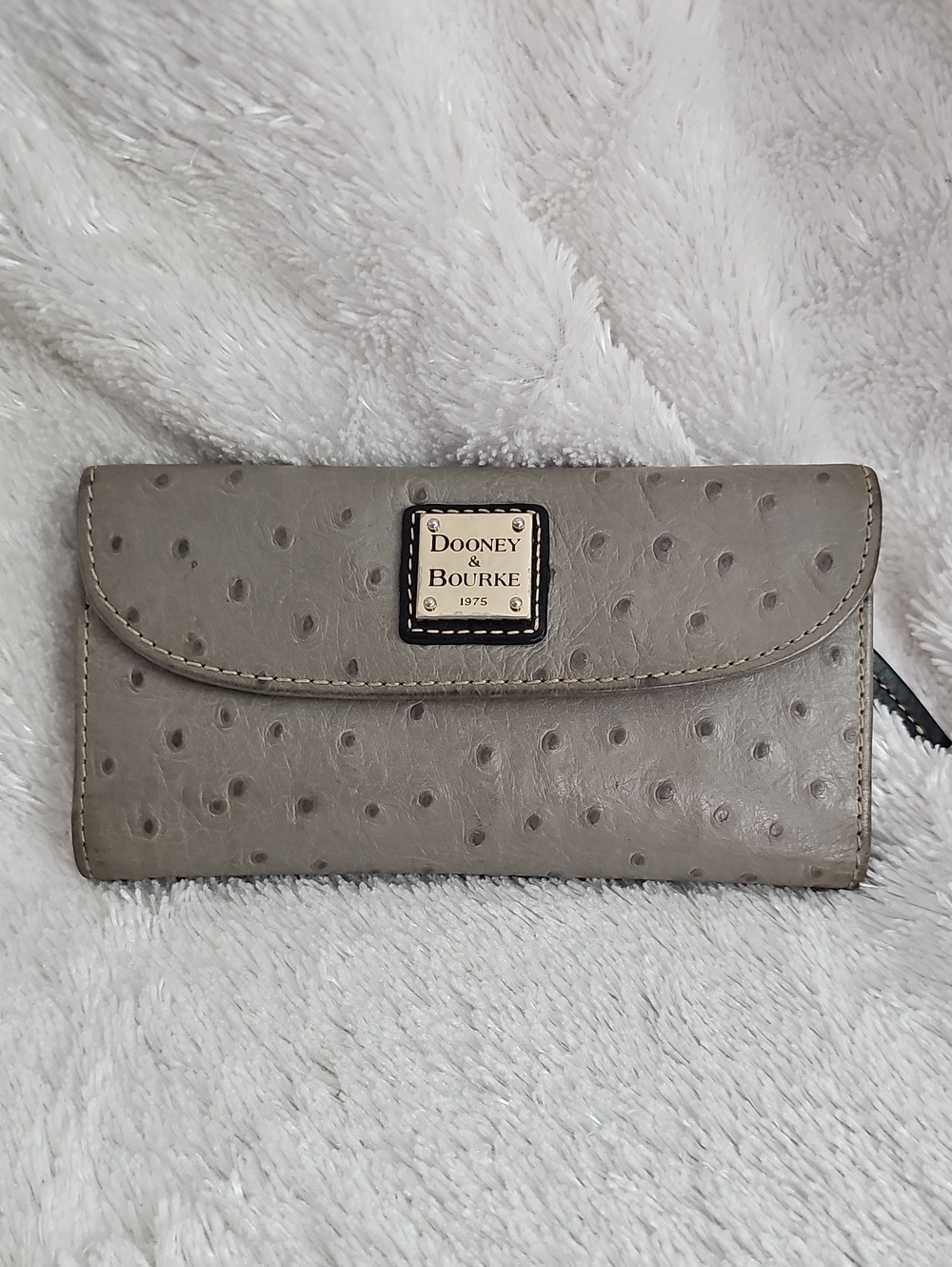 Dooney & Bourke Gray Faux-Ostrich Flap Wallet with Logo Plaque